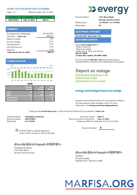 Blank USA Missouri Evergy electricity business utility bill template in .doc and .pdf formats